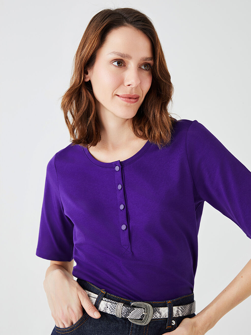 Mor Bisiklet Yaka Düz Kısa Kollu Kadın Tişört-1