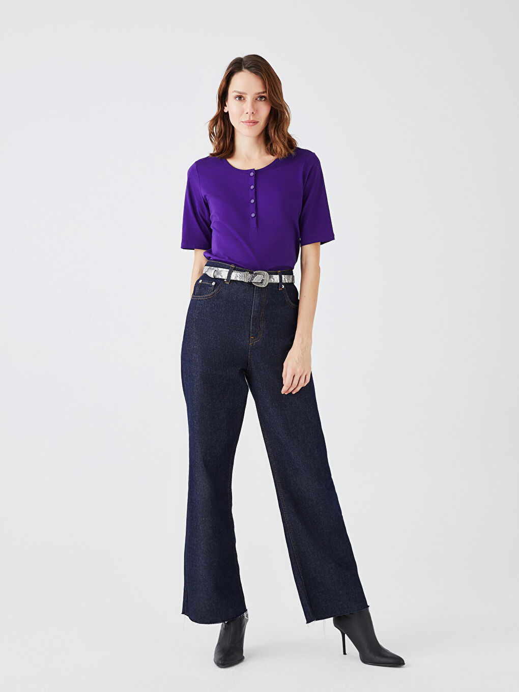 Mor Bisiklet Yaka Düz Kısa Kollu Kadın Tişört-2