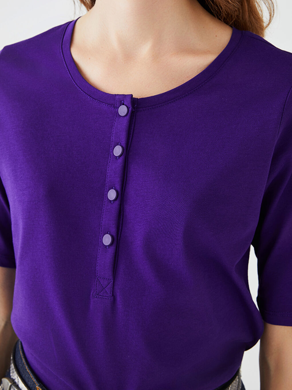 Mor Bisiklet Yaka Düz Kısa Kollu Kadın Tişört-3