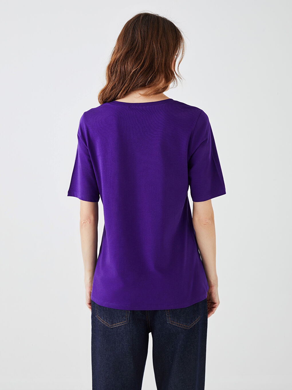 Mor Bisiklet Yaka Düz Kısa Kollu Kadın Tişört-4