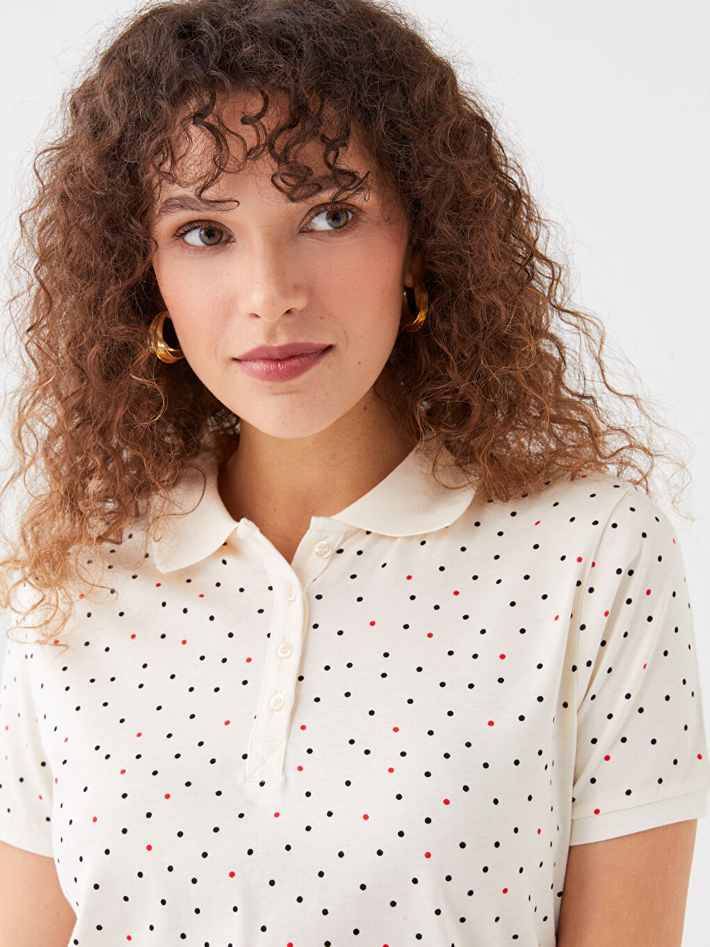 Polo Neck Polka Dot Short Sleeve Women's Base-2