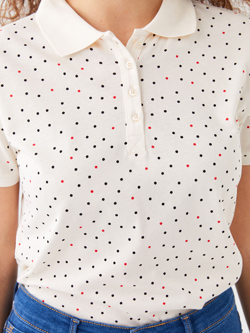 Polo Neck Polka Dot Short Sleeve Women's Base-3
