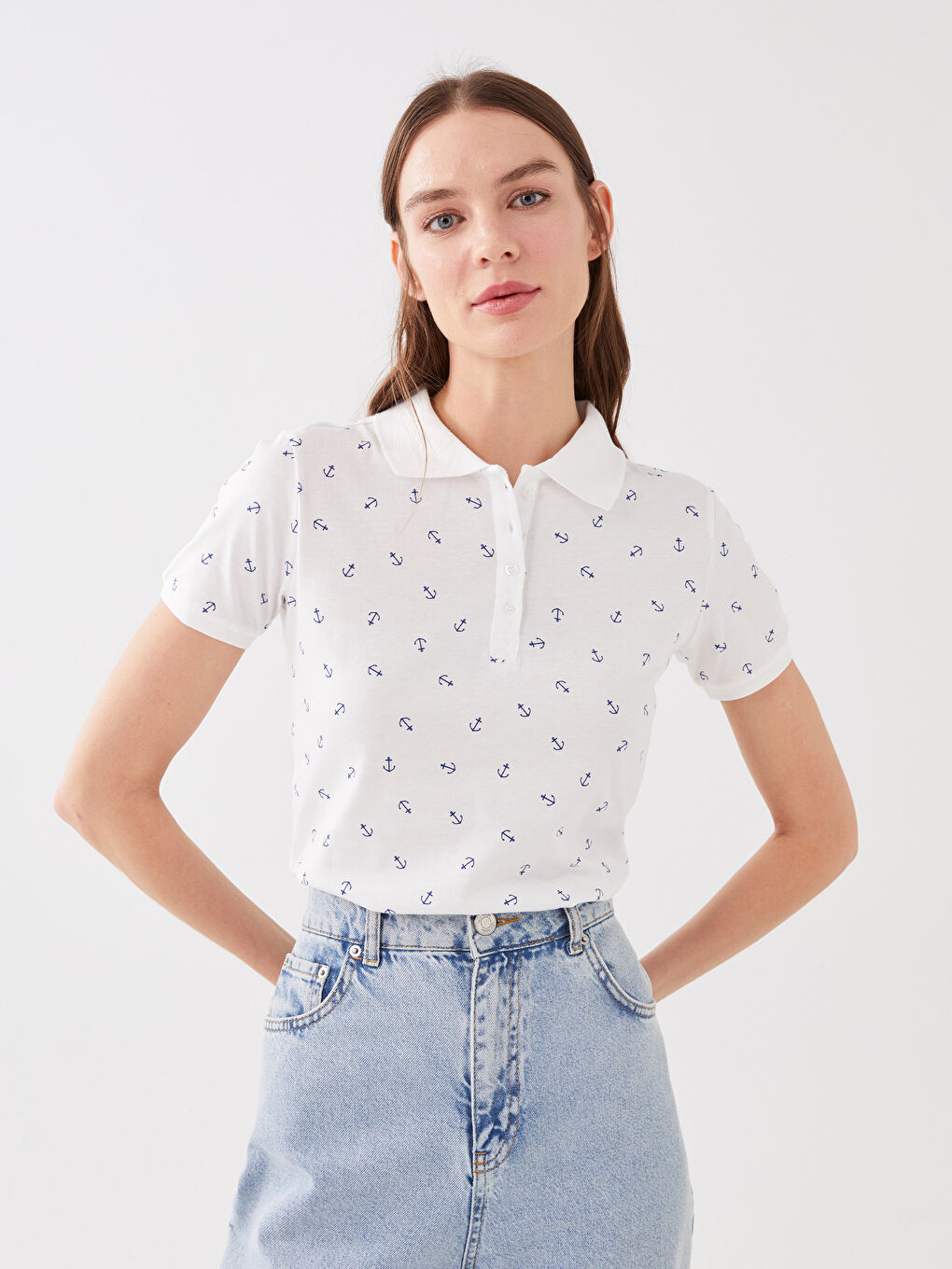 LCWAIKIKI Basic Polo Neck Polka Dot Short Sleeve Women's Base -S33849Z8-LSJ