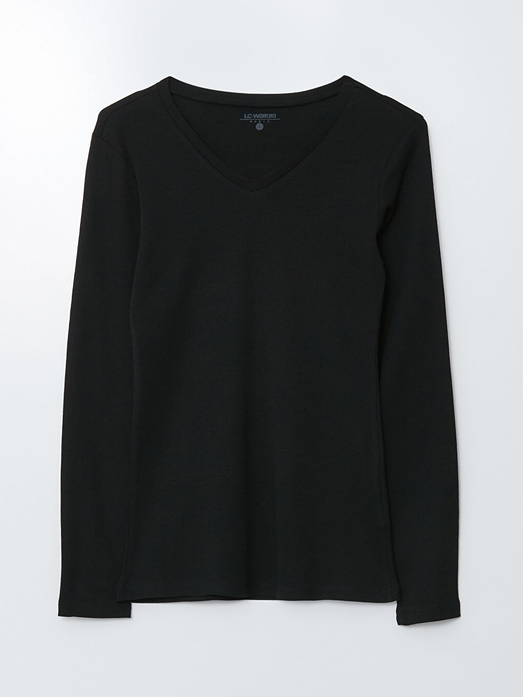 Siyah V Yaka Düz Uzun Kollu Pamuklu Kadın Tişört-4