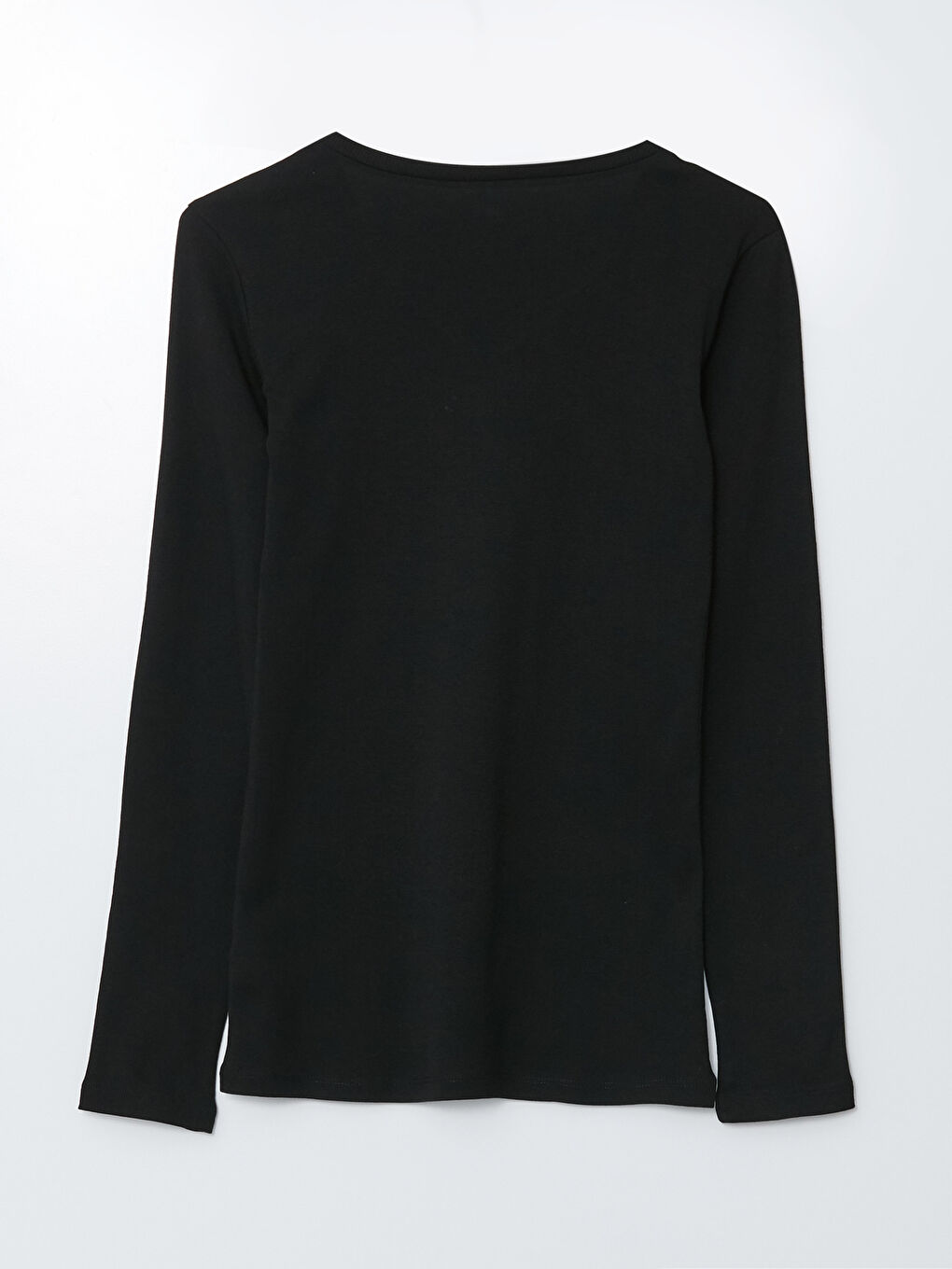 Siyah V Yaka Düz Uzun Kollu Pamuklu Kadın Tişört-5