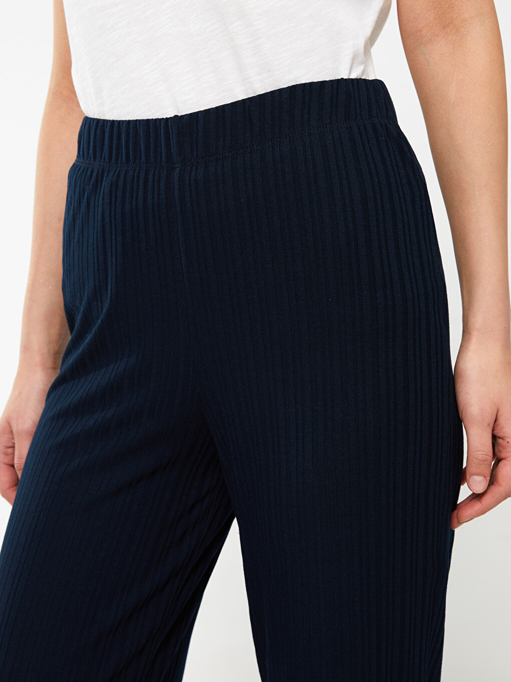 Lacivert Beli Lastikli Dar Fit Kadın Pantolon-3