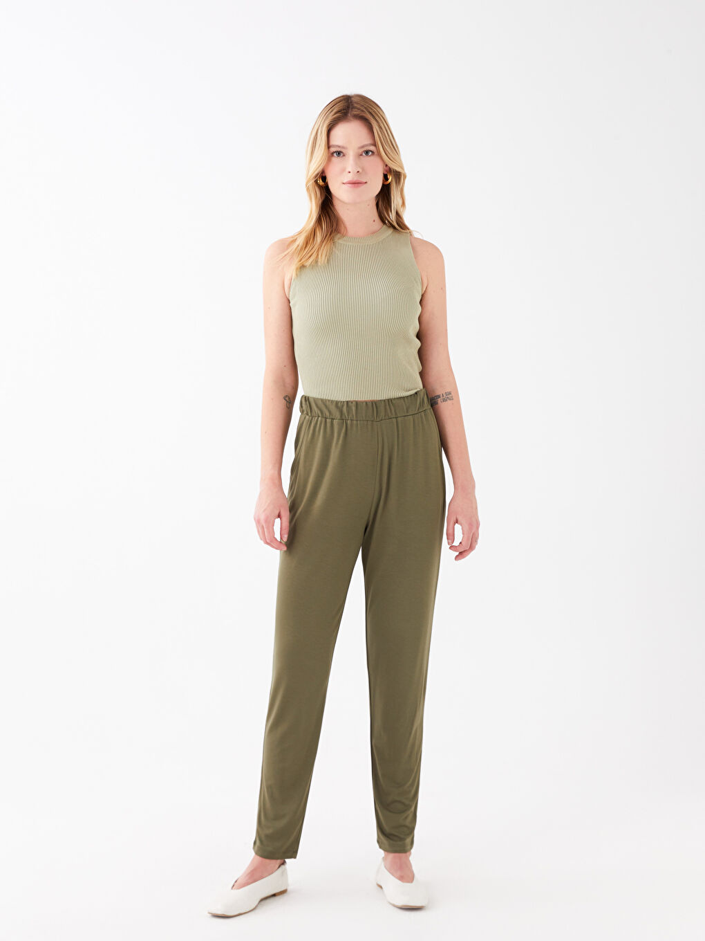 Yeşil Kadın Beli Lastikli Düz Eşofman Altı