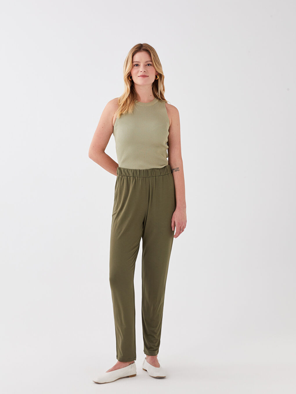 Yeşil Kadın Beli Lastikli Düz Eşofman Altı-1