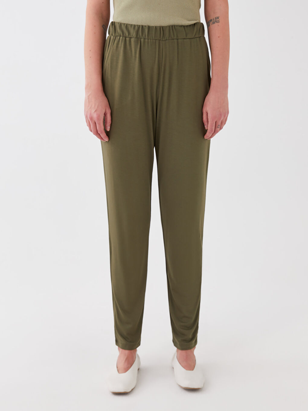 Yeşil Kadın Beli Lastikli Düz Eşofman Altı-3