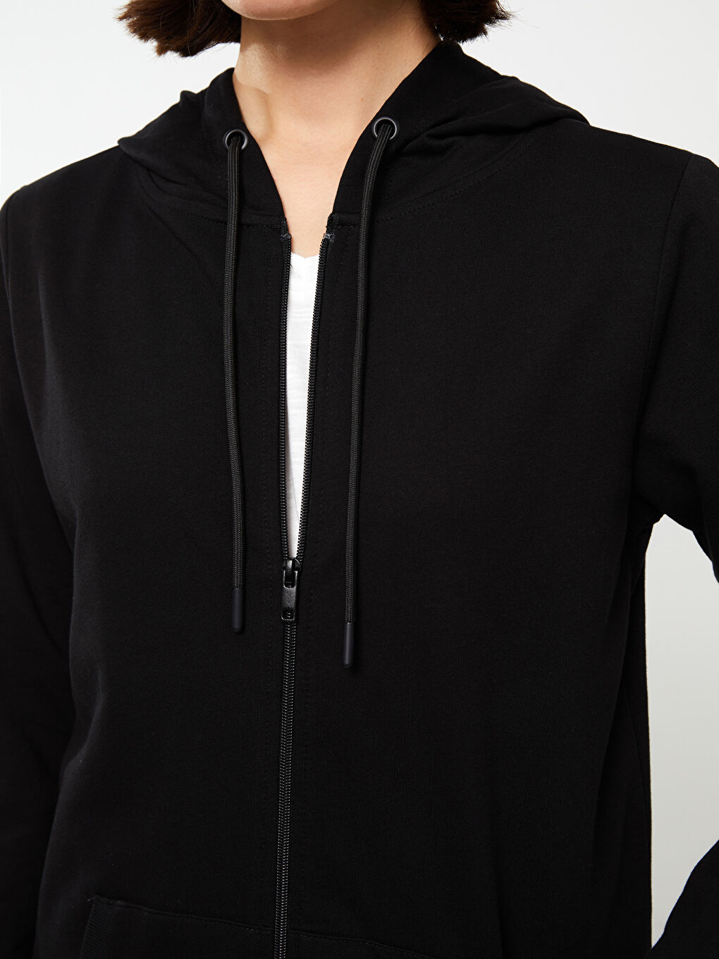 Siyah Kapüşonlu Düz Uzun Kollu Kadın Spor Hırka-3