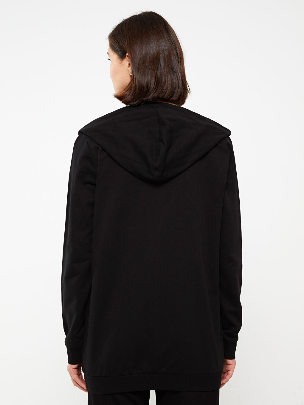 Siyah Kapüşonlu Düz Uzun Kollu Kadın Spor Hırka-4