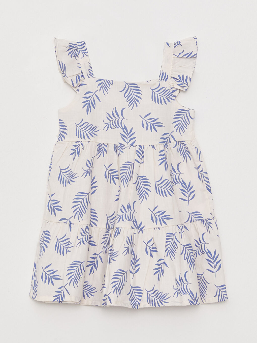 Ekru Kare Yaka Desenli Kız Bebek Elbise