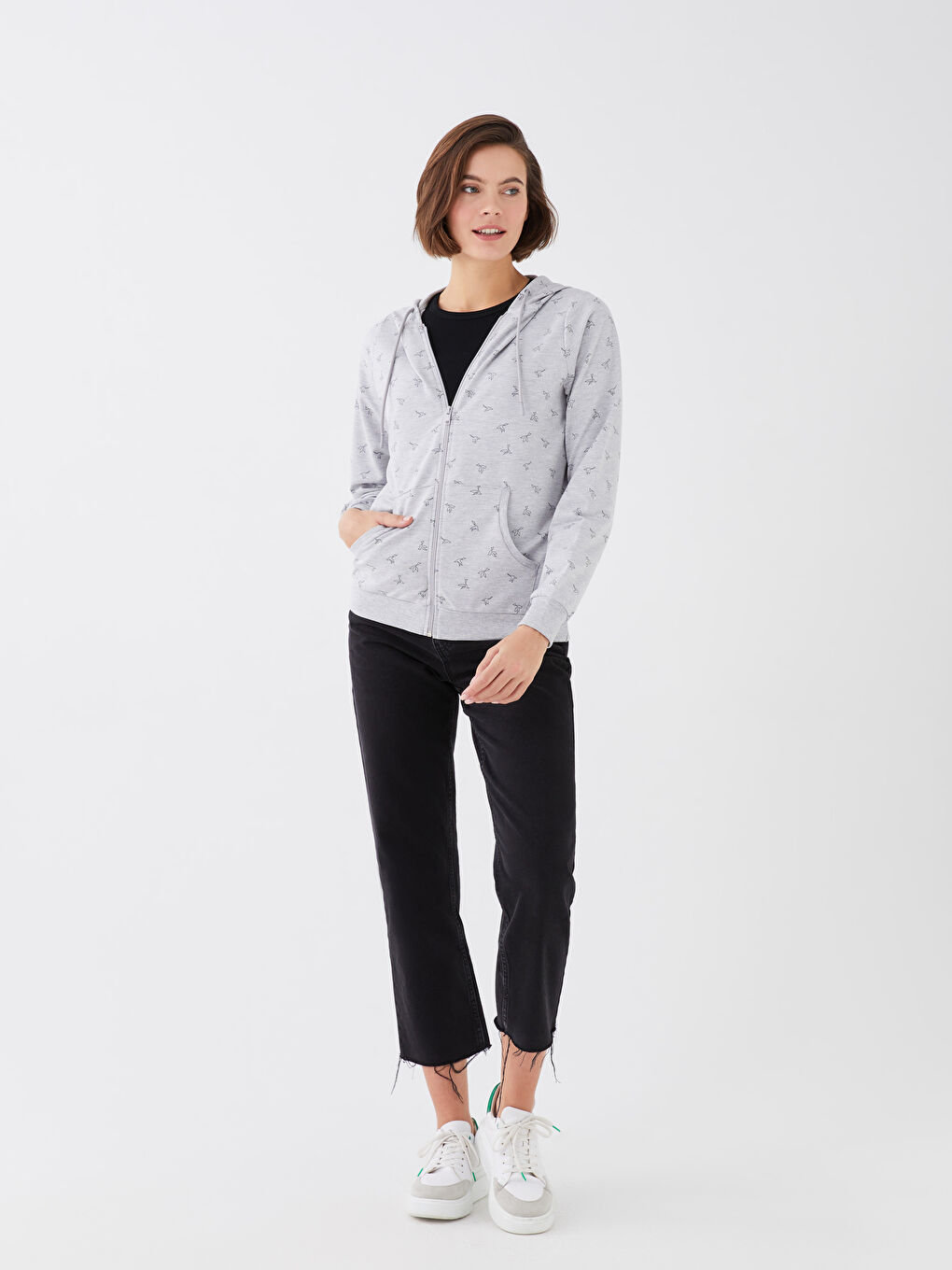 LCWAIKIKI Basic Kapüşonlu Desenli Uzun Kollu Kadın Hırka -S33878Z8-LRW
