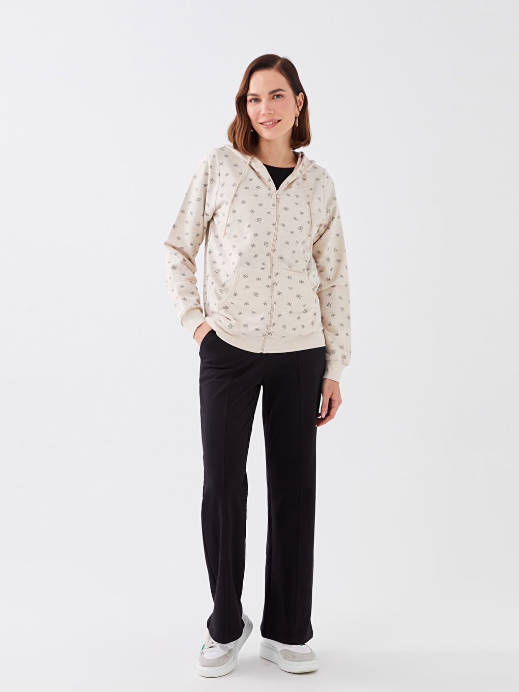 Bej Kapüşonlu Desenli Uzun Kollu Kadın Hırka-2