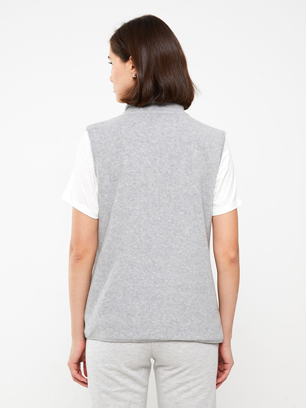 Gri Dik Yaka Düz Polar Kadın Yelek-4