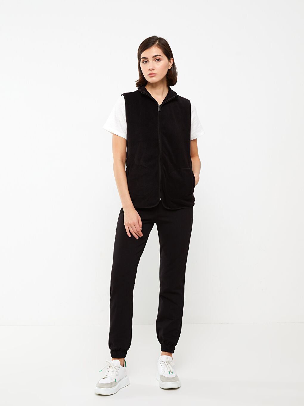 Vestă Fleece Simplă cu Guler Drept pentru Femei-2