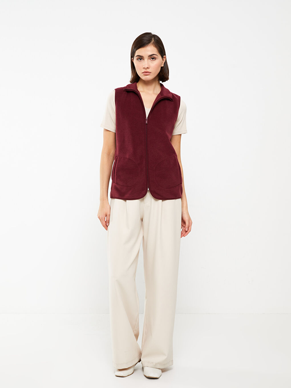 Vestă Fleece Simplă cu Guler Drept pentru Femei-2