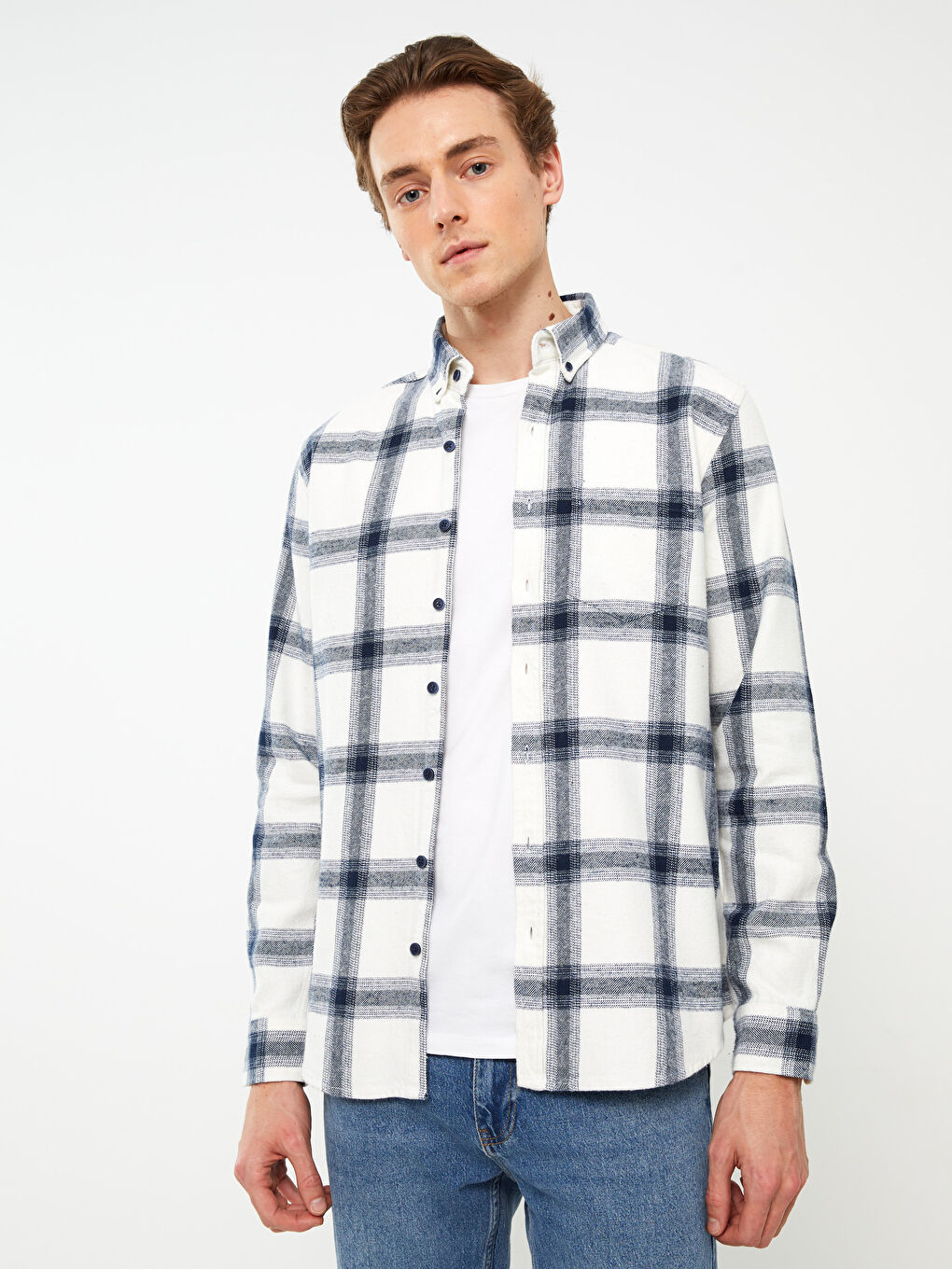 قميص رجالي كاروهات كم طويل بقصة عادية من قماش الجبردين