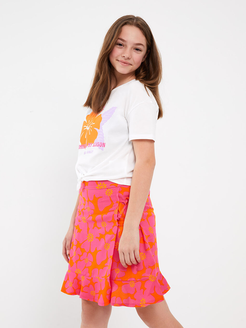 Ensemble T-Shirt à Manches Courtes et Jupe Imprimée à Col Rond pour Fille-1