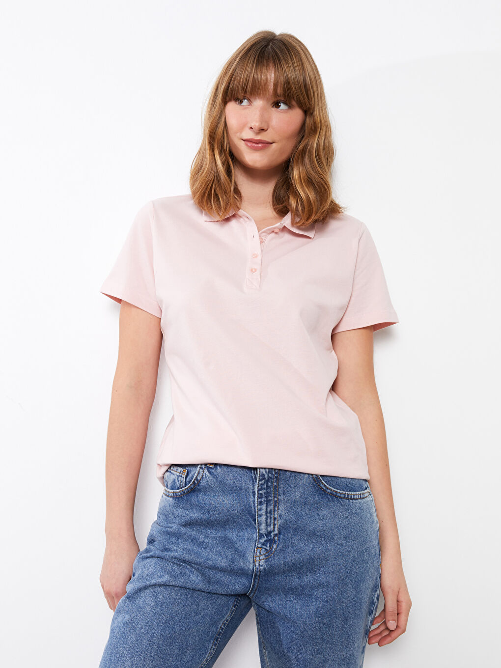 Pembe Polo Yaka Düz Kısa Kollu Kadın Tişört