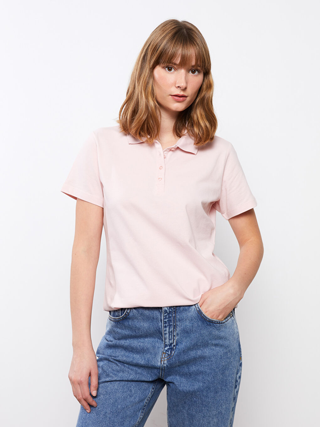 Pembe Polo Yaka Düz Kısa Kollu Kadın Tişört-1