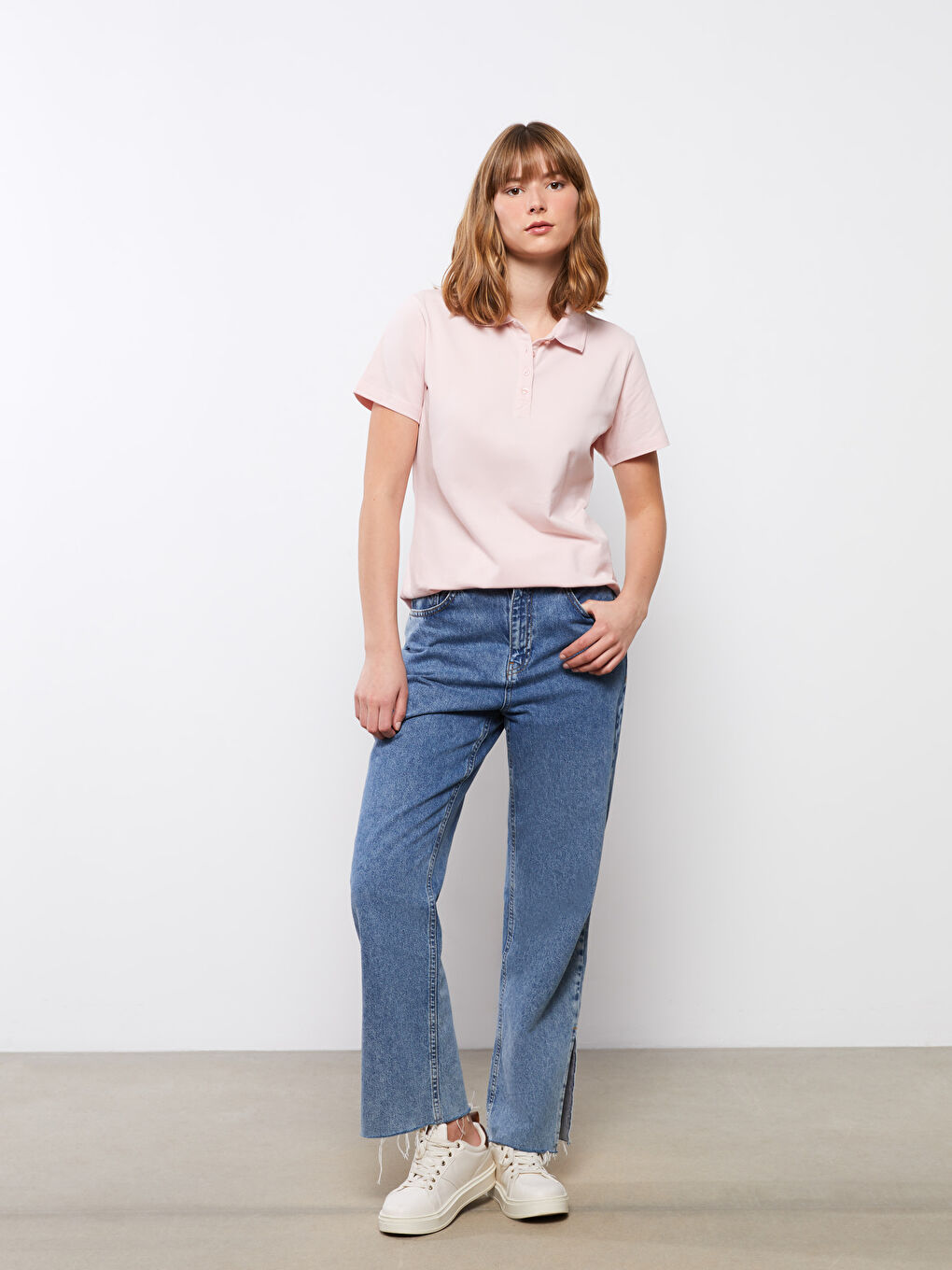 Pembe Polo Yaka Düz Kısa Kollu Kadın Tişört-2