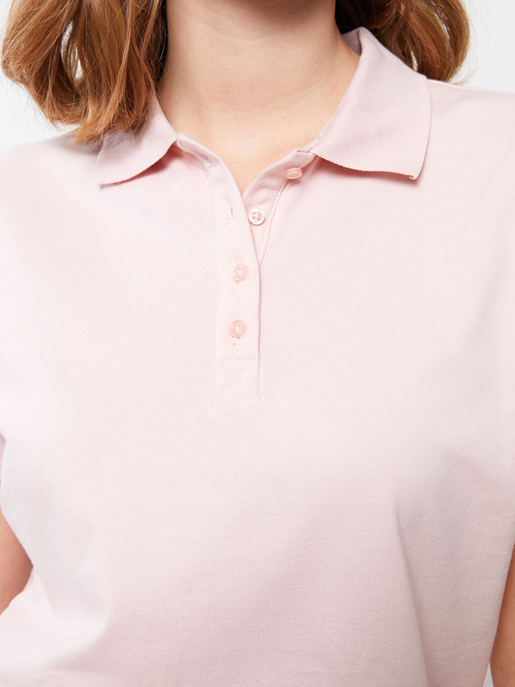 Pembe Polo Yaka Düz Kısa Kollu Kadın Tişört-3