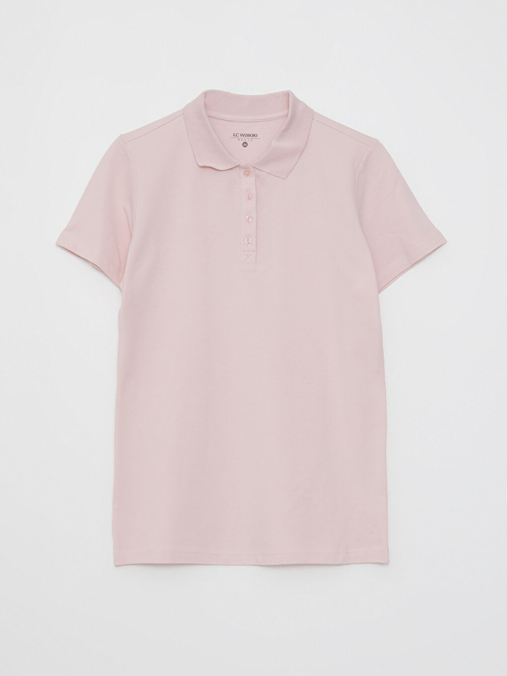 Pembe Polo Yaka Düz Kısa Kollu Kadın Tişört-5