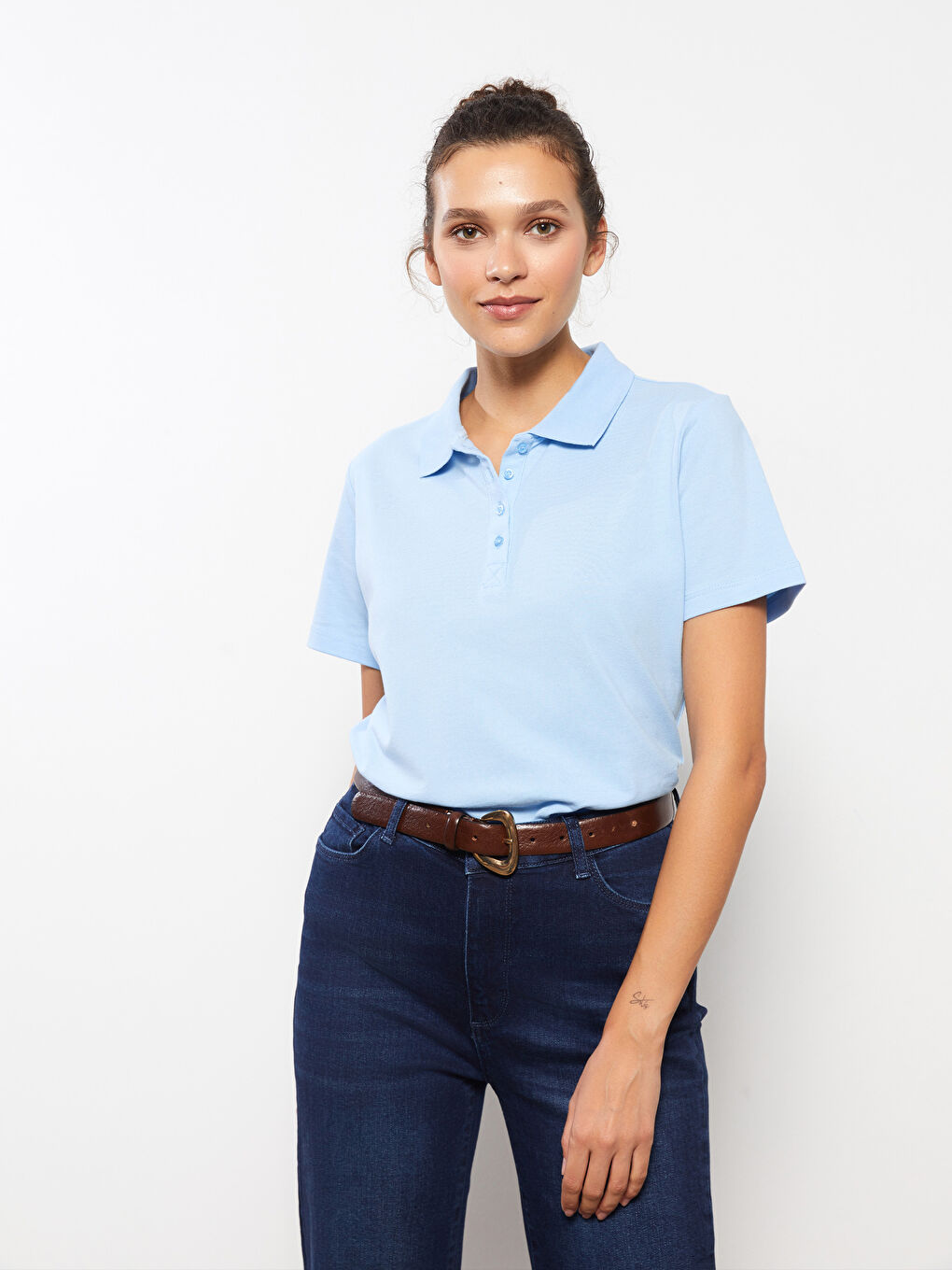 Футболка с водолазкой, однотонная, с коротким рукавом для женщин