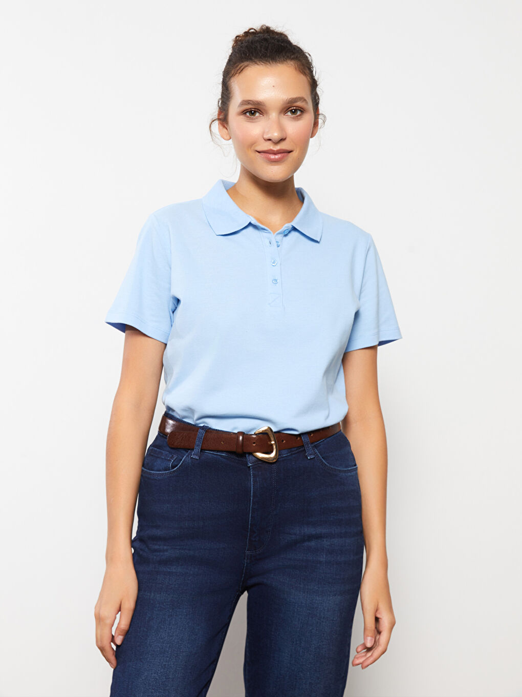 Футболка с водолазкой, однотонная, с коротким рукавом для женщин-1