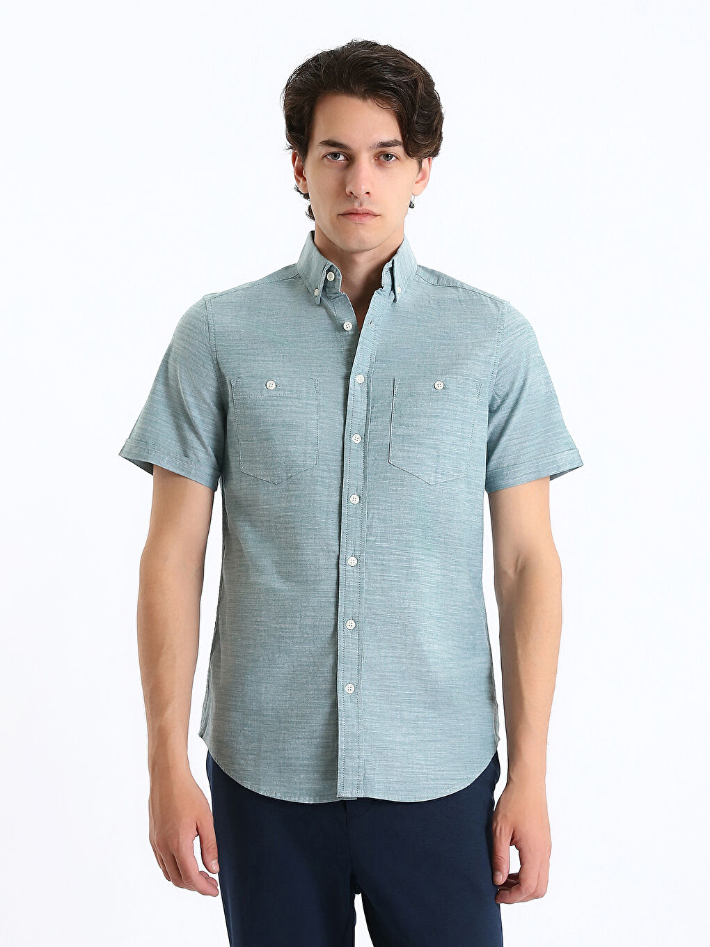 Chemise pour Hommes à Manches Courtes Aspect Lin Coupe Régulière-1