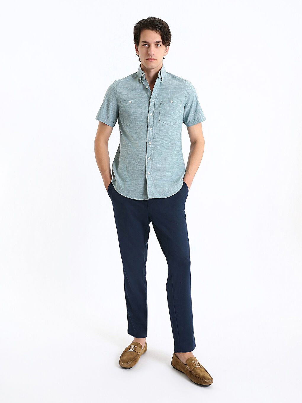 Chemise pour Hommes à Manches Courtes Aspect Lin Coupe Régulière-2