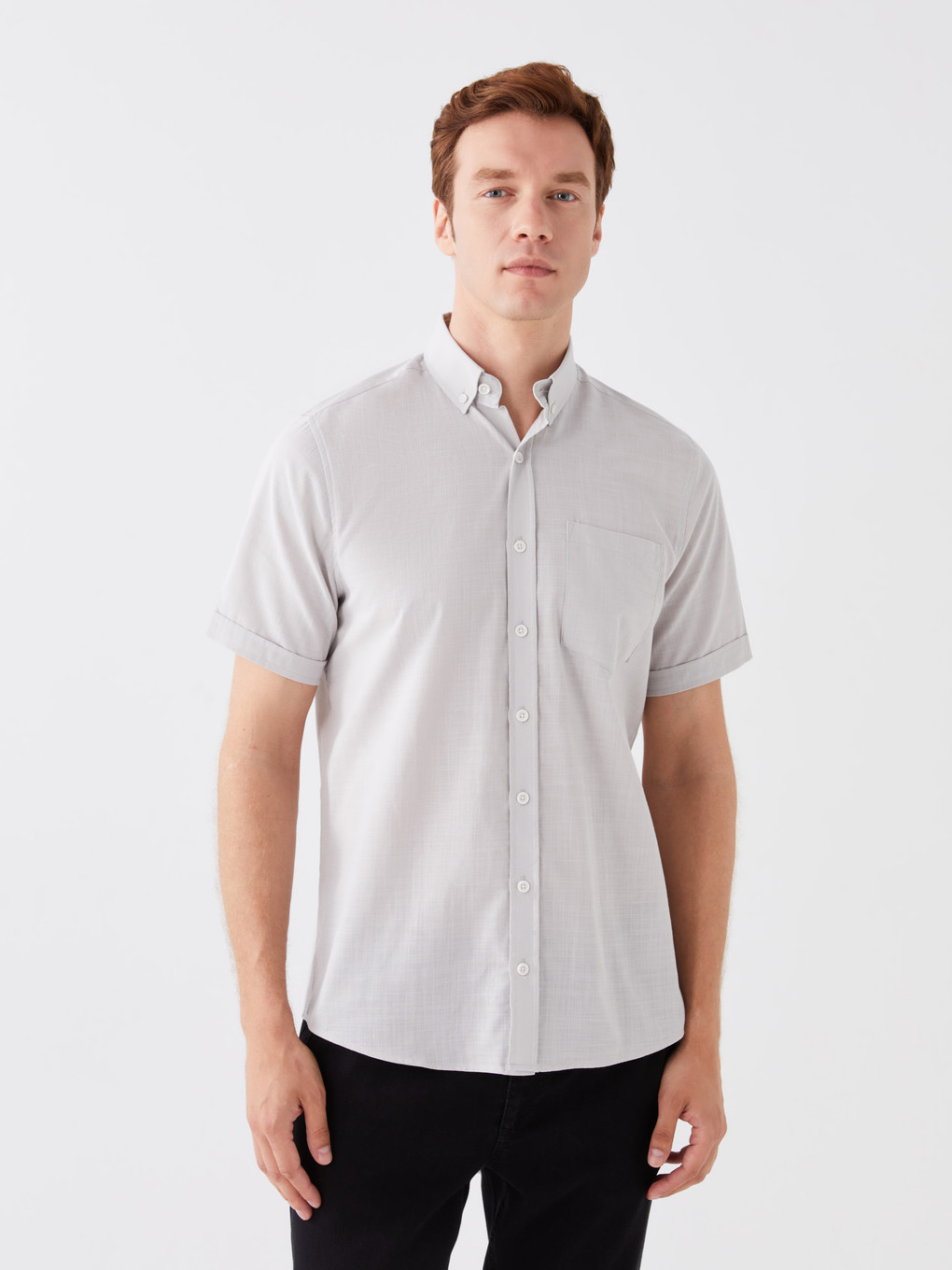 Gri Regular Fit Kısa Kollu Poplin Erkek Gömlek