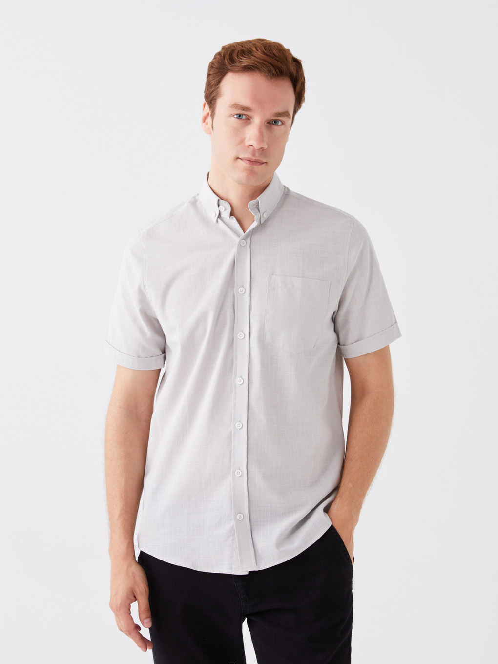 Gri Regular Fit Kısa Kollu Poplin Erkek Gömlek-1