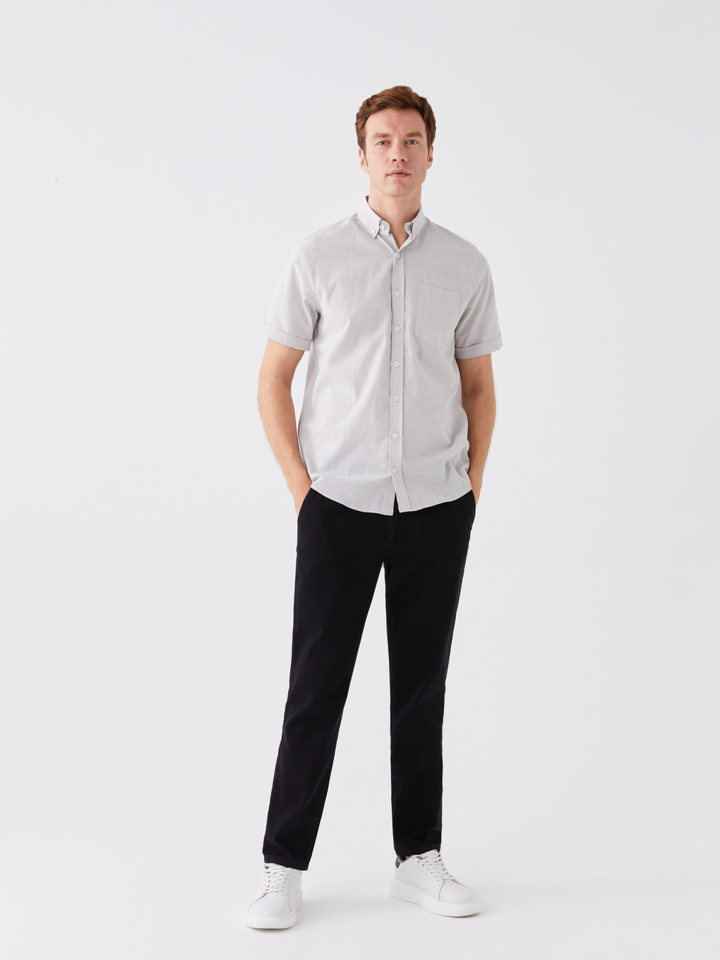 Gri Regular Fit Kısa Kollu Poplin Erkek Gömlek-2
