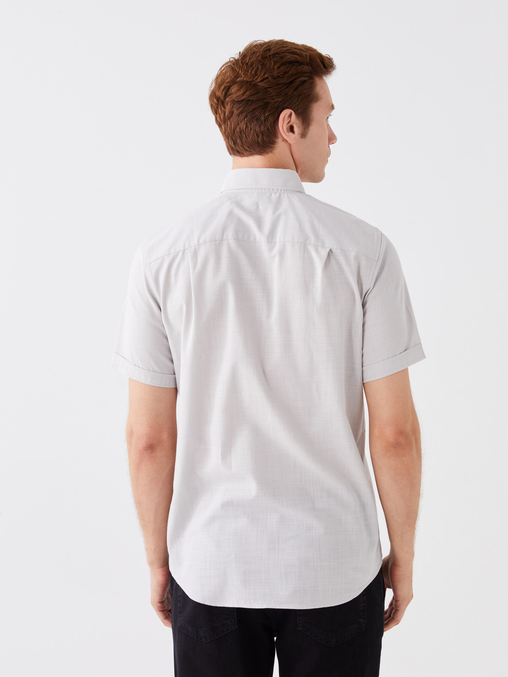 Gri Regular Fit Kısa Kollu Poplin Erkek Gömlek-4