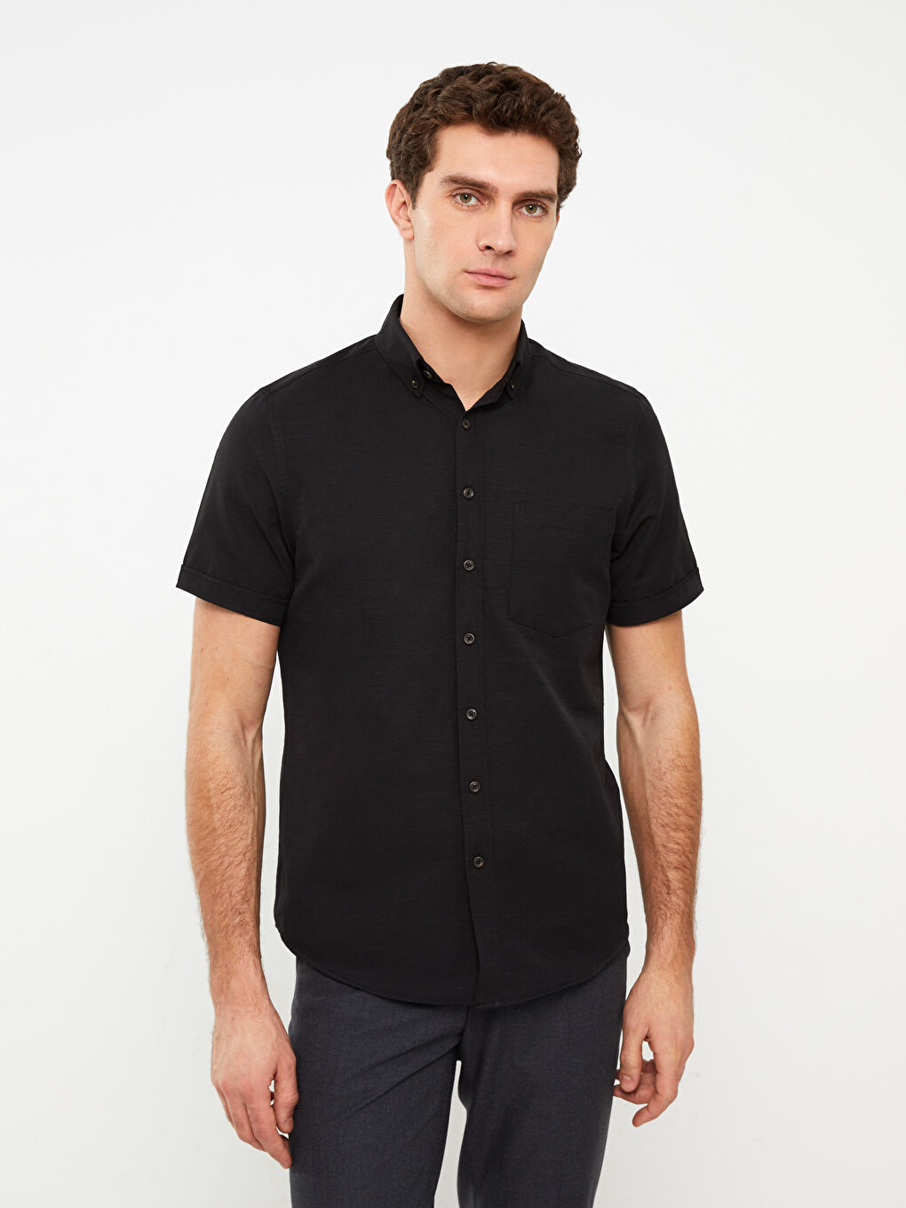 Siyah Regular Fit Kısa Kollu Poplin Erkek Gömlek-1