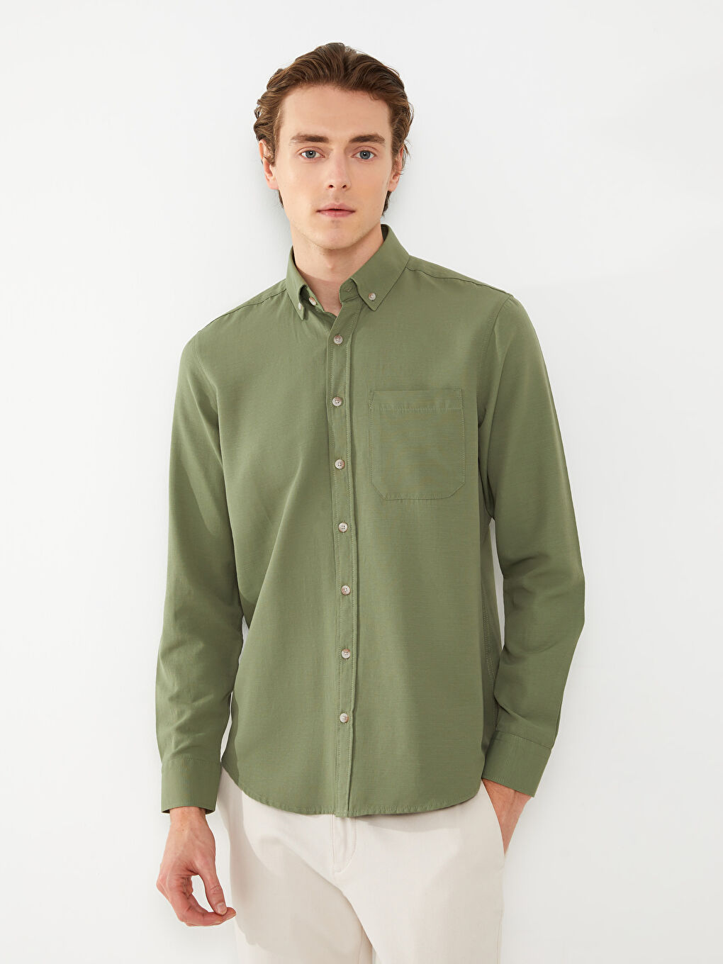 قميص بوبلين كم طويل عادي للرجال