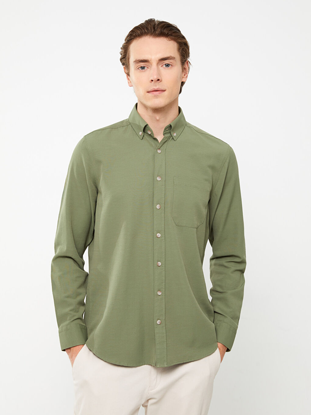 قميص بوبلين كم طويل عادي للرجال-1