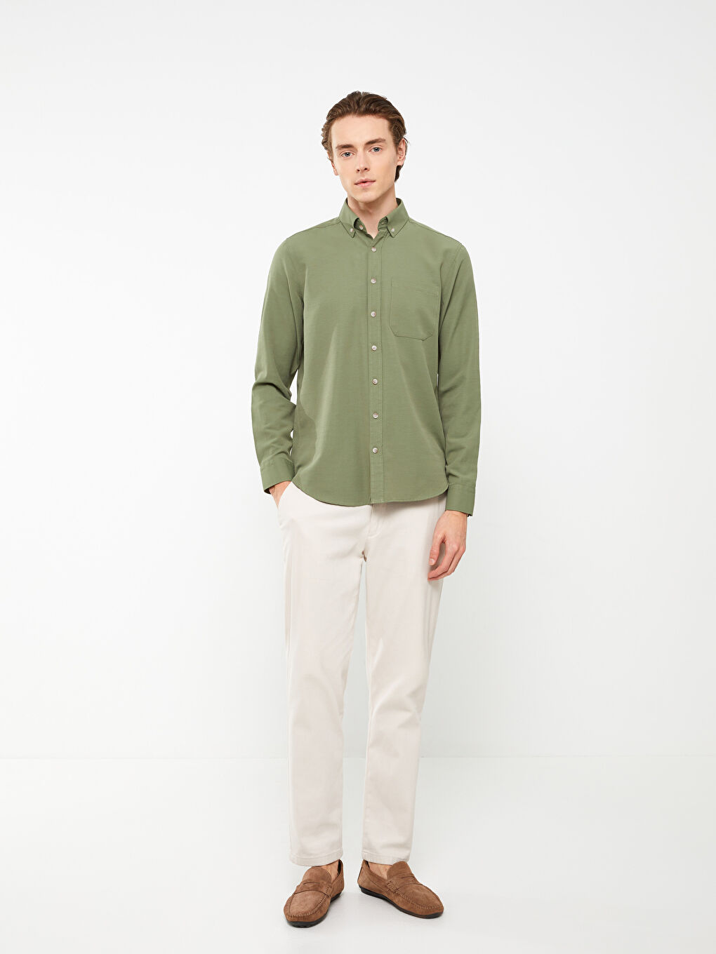 قميص بوبلين كم طويل عادي للرجال-2