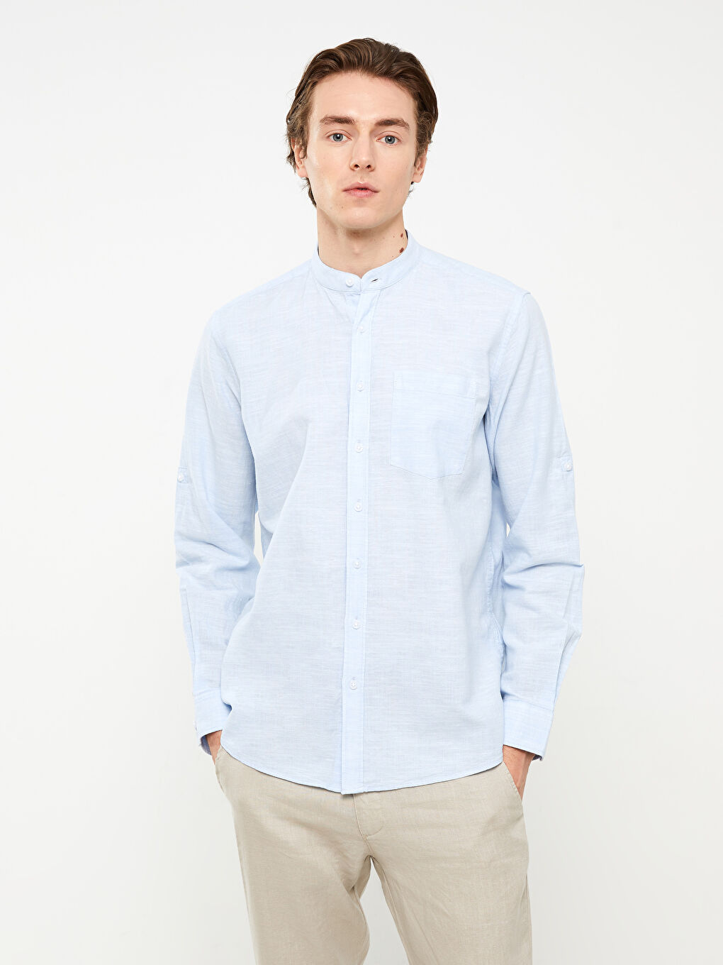 Regular Fit Long Sleeve Linen Blend Men's Shirt -S33975Z8-CUN