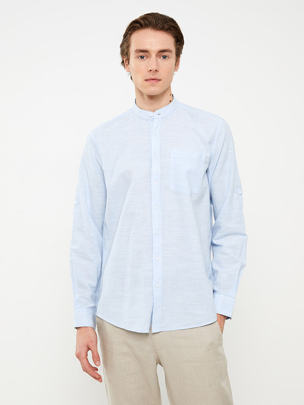Regular Fit Long Sleeve Linen Blend Men's Shirt -S33975Z8-CUN