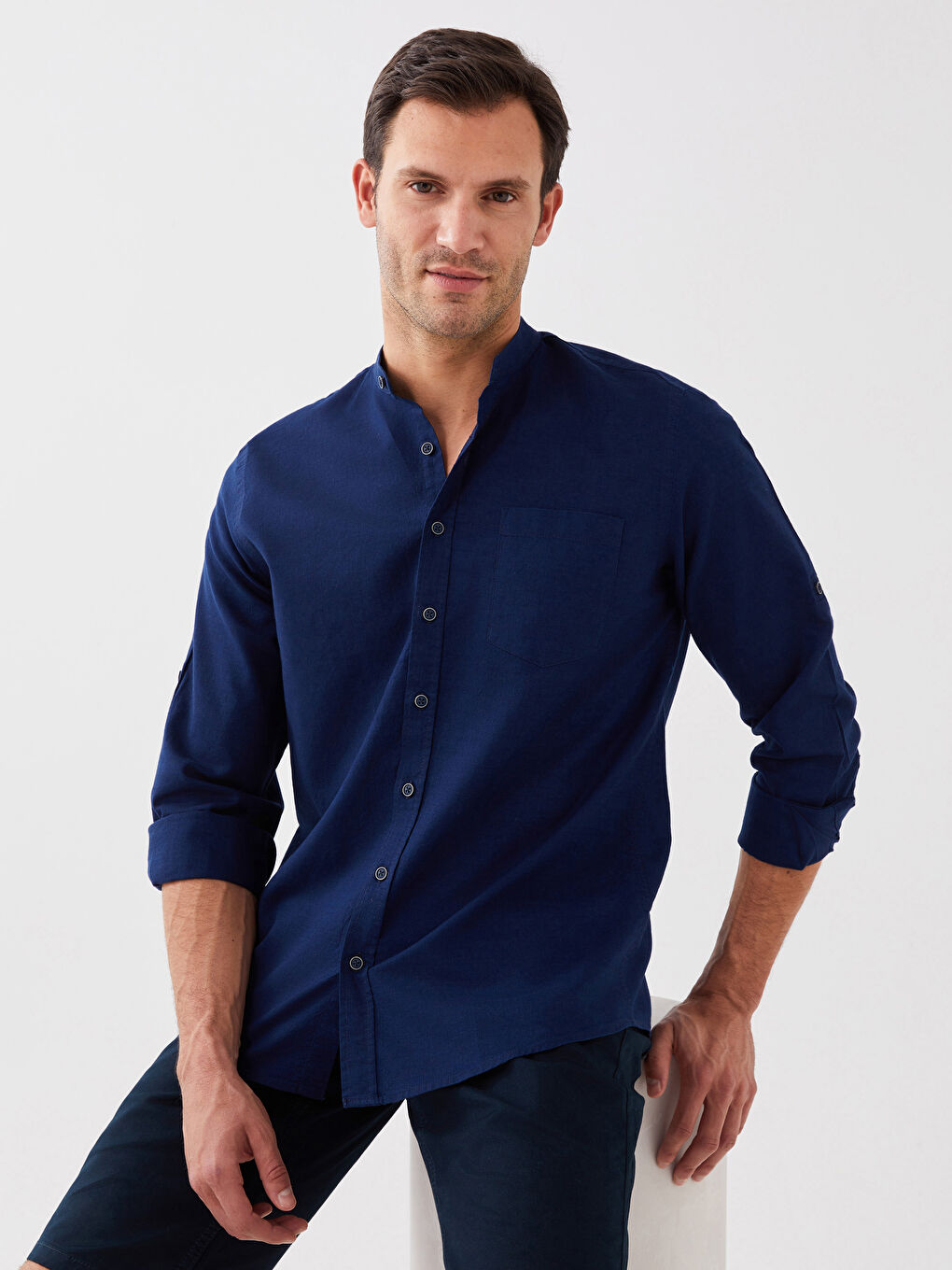 Lacivert Regular Fit Uzun Kollu Keten Karışımlı Erkek Gömlek