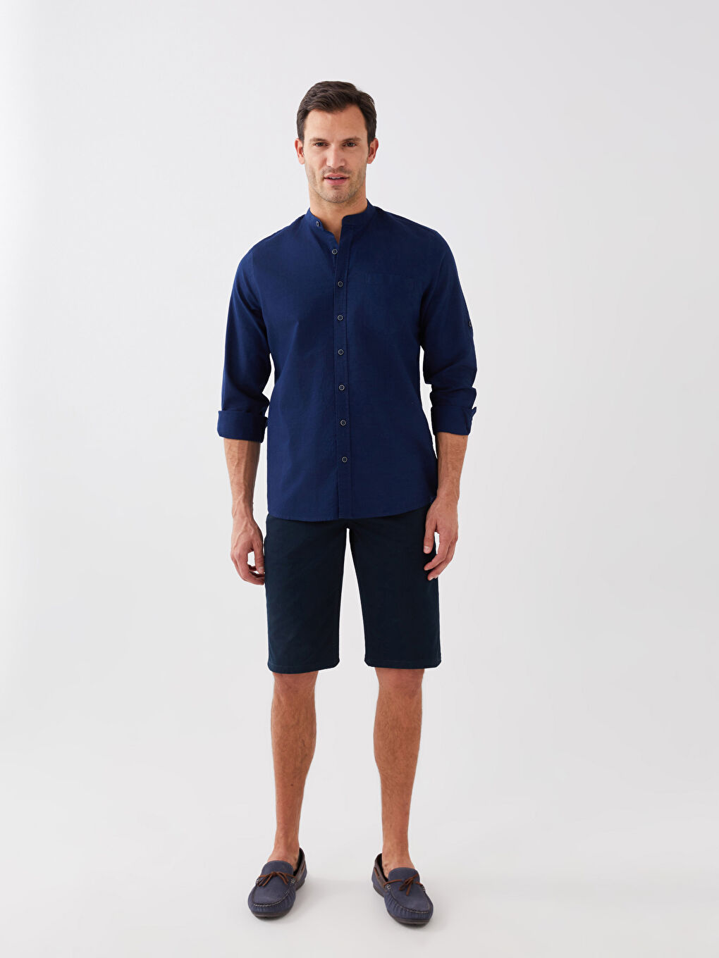 Lacivert Regular Fit Uzun Kollu Keten Karışımlı Erkek Gömlek-1