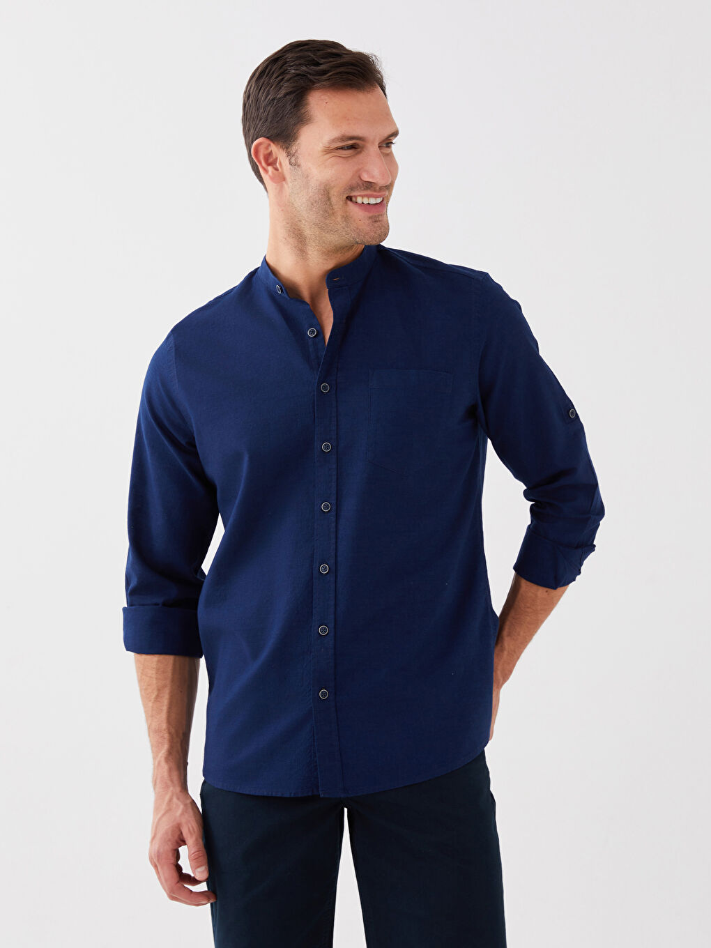 Lacivert Regular Fit Uzun Kollu Keten Karışımlı Erkek Gömlek-2