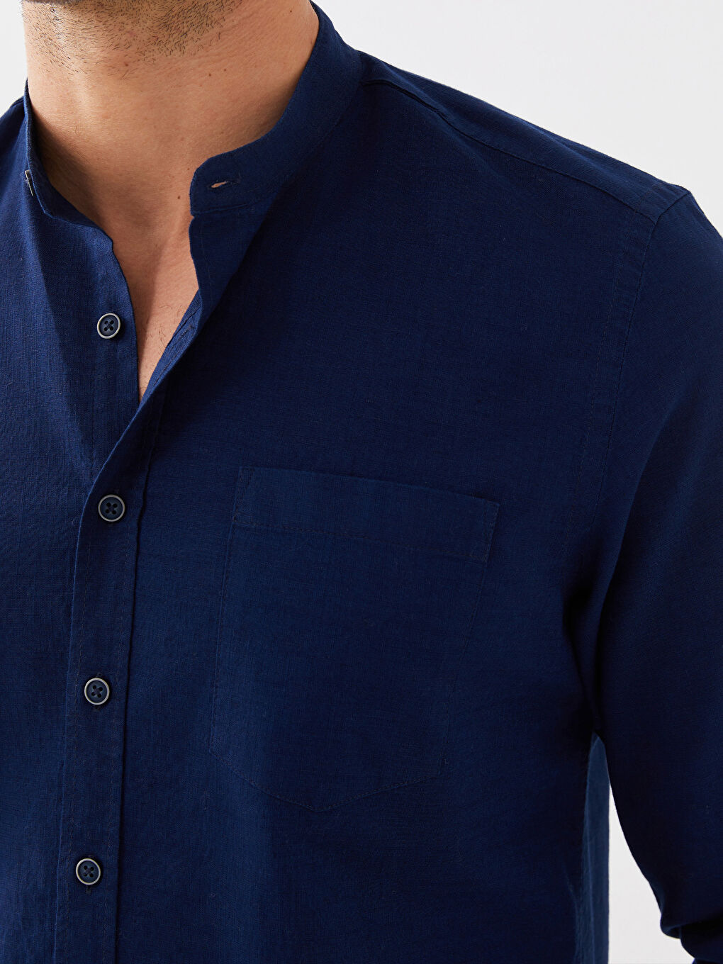 Lacivert Regular Fit Uzun Kollu Keten Karışımlı Erkek Gömlek-3