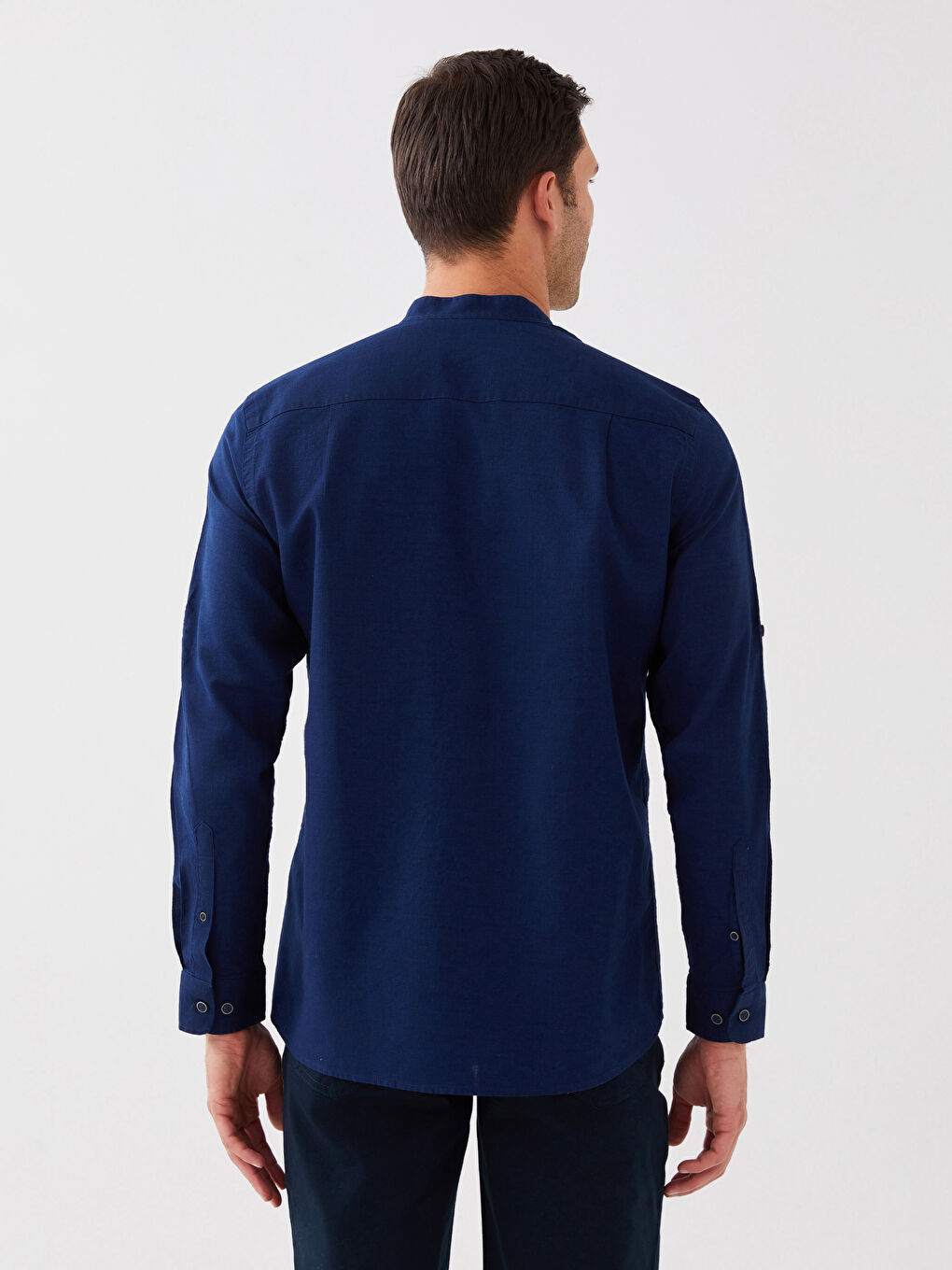 Lacivert Regular Fit Uzun Kollu Keten Karışımlı Erkek Gömlek-4