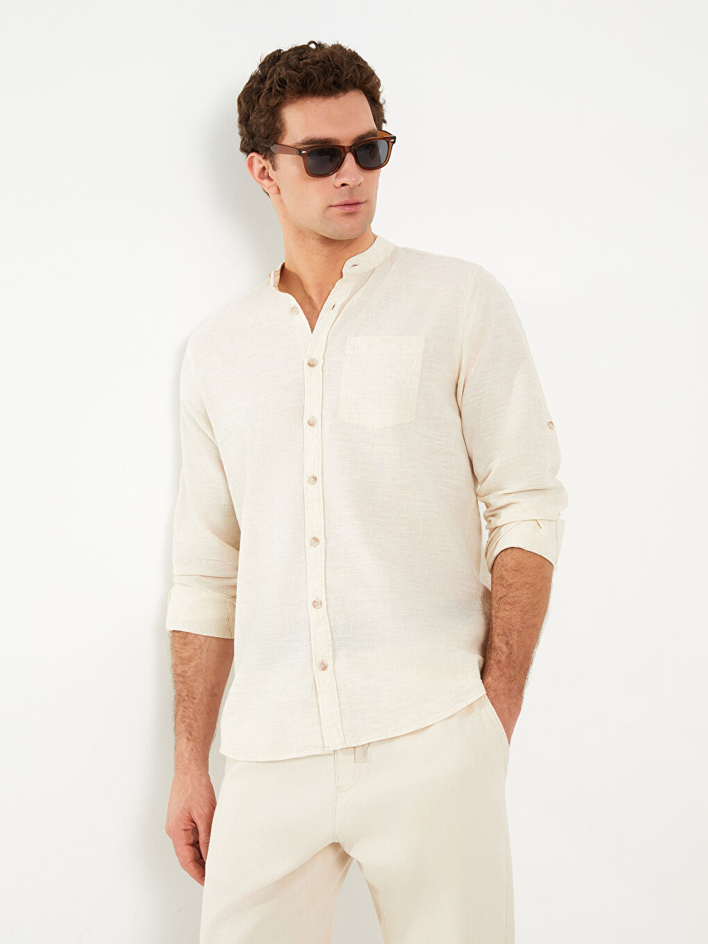 Regular Fit Long Sleeve Linen Blend Men's Shirt