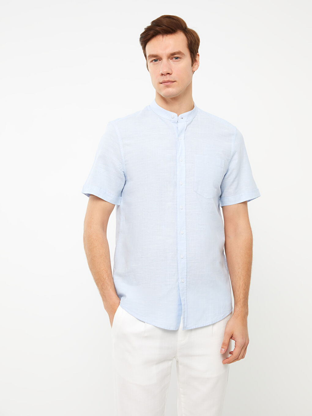 Regular Fit Grandad Collar Short Sleeve Linen Blended Men's Shirt -S33976Z8-CUN