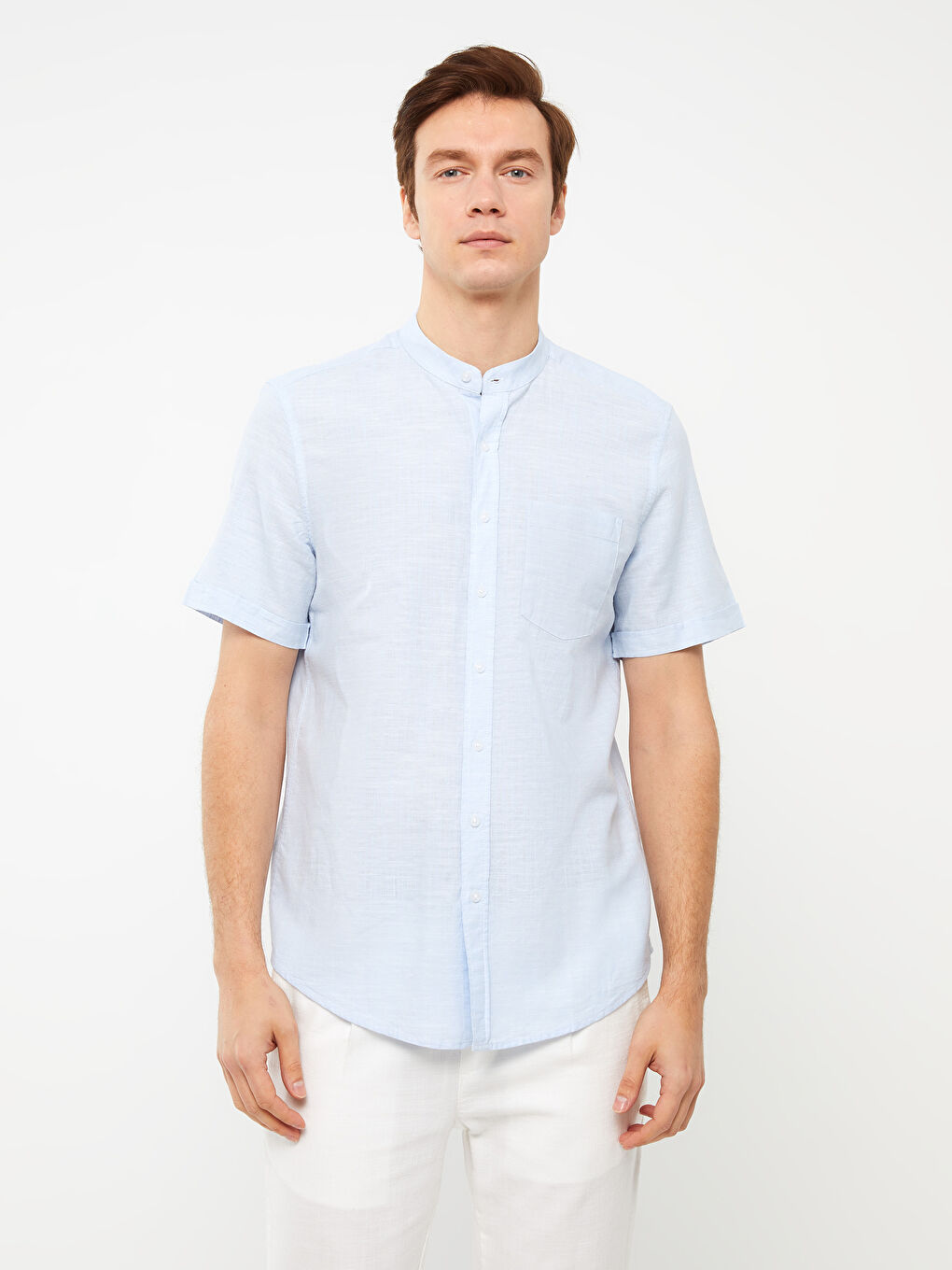 Regular Fit Grandad Collar Short Sleeve Linen Blended Men's Shirt -S33976Z8-CUN